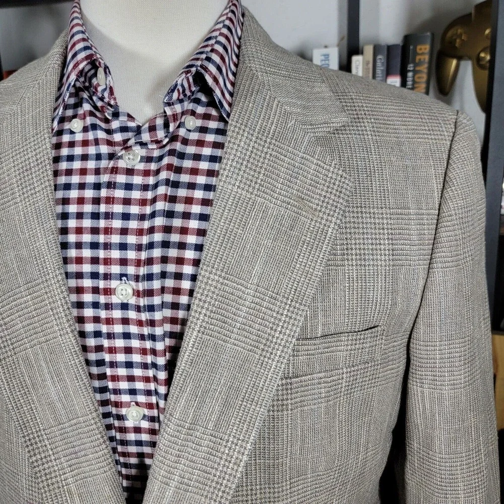 VTG Haggar Imperial Men's Sport Coat Blazer Two Button Gray‎ Beige Plaid 44L